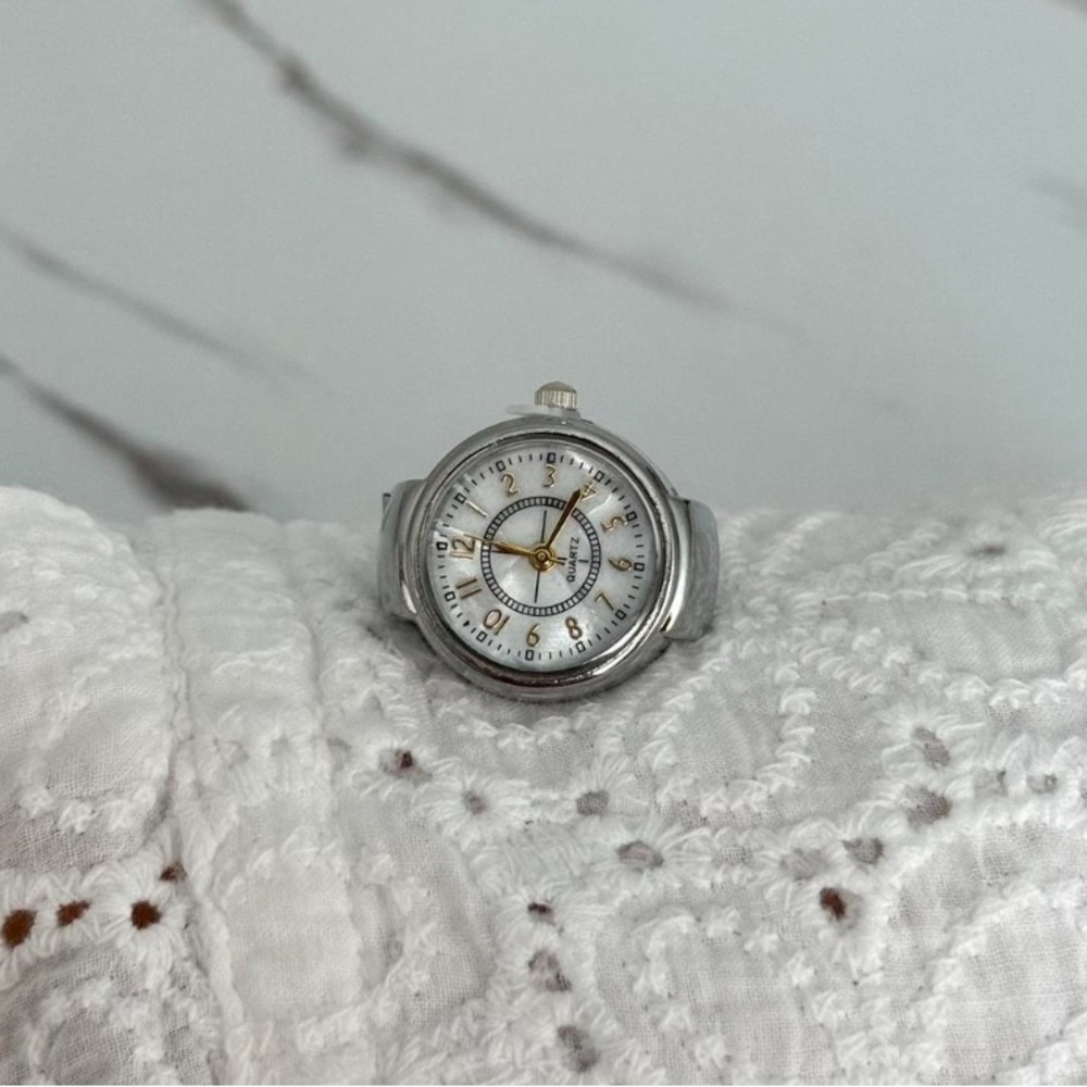 Retro Silver and White Dial Vintage inspired Y2K Ring Watch with Lace Sleeve - Picture 2 of 5